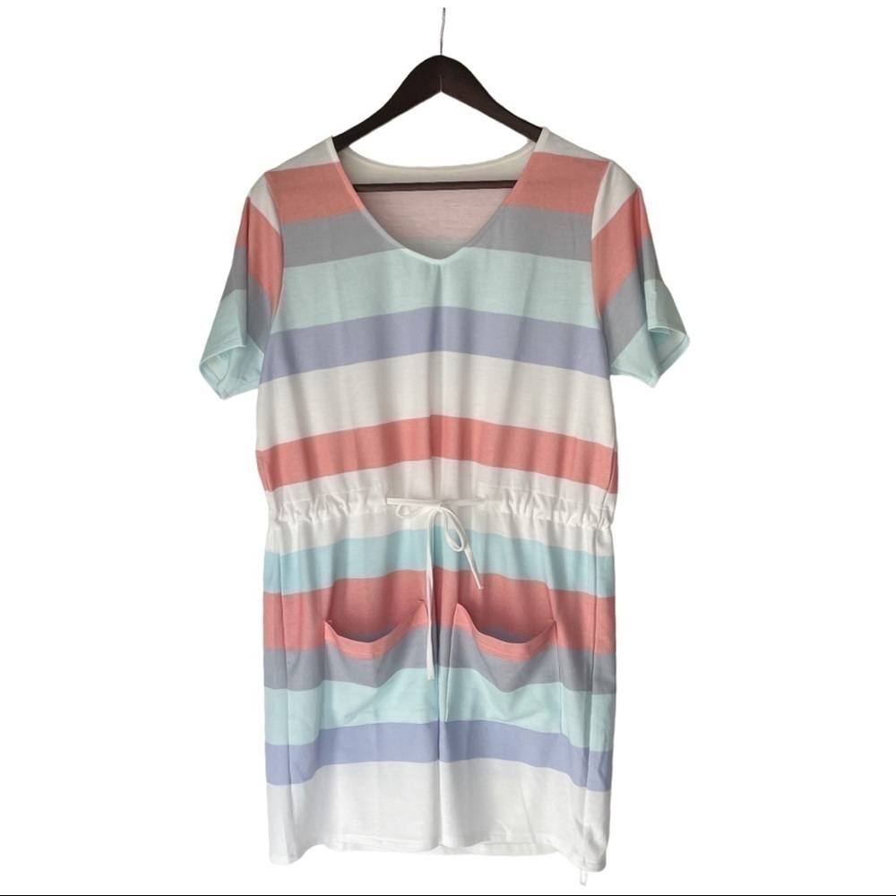 NWT Belinda Pastel Striped Drawstring Dress Pockets V Neck Size Medium Beach
